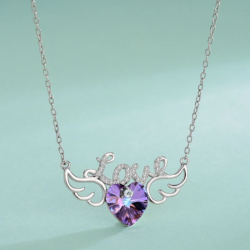 

S925 Sterling Silver LOVE Heart Shaped Violet Angel's Wings Necklace Women's Fashion Austrian Element Crystals