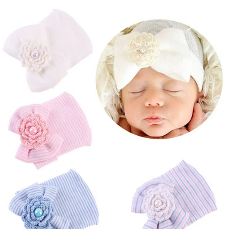 

Crochet Cute Newborn Cap Baby Girls Boys Infant Girl Toddler Comfy Bowknot Hospital Cap Striped Beanie Hat 0-3M