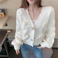 female korean sweet bowknot short sweater coats autumn new long sleeve v neck knitted cardigan 2021 causal women solid jacket