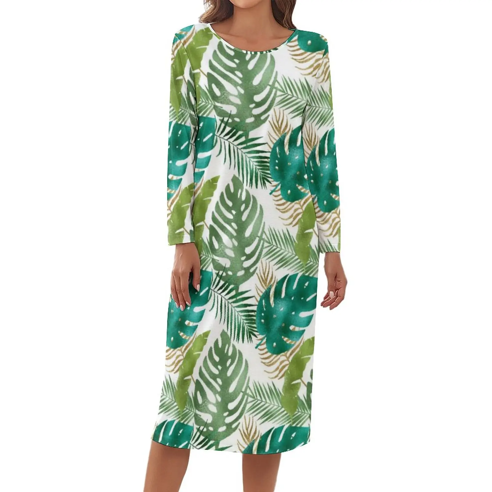 

Variety Metallic Colors Pajamas Green Palm Leaf Long Sleeves Lovely Dress Womens Night Sleepwear Spring O Neck Printed Pajama