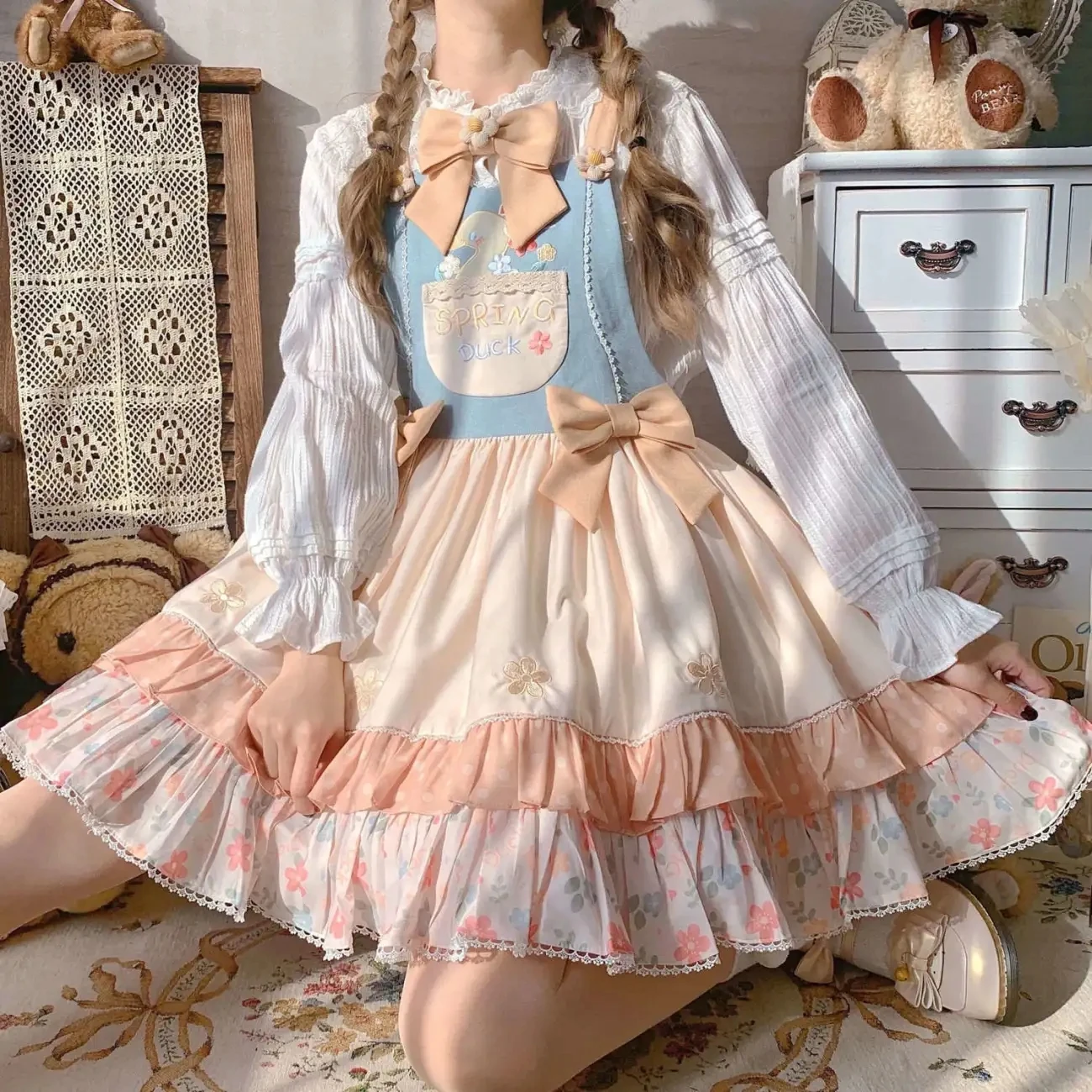 

CON Retro Bow Sweet Cartoon Patchwork Lolita Dress Girl Cute JSK Strap Dress INS HOT SALE
