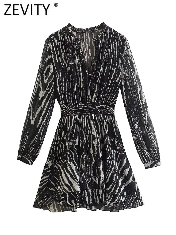 

Zevity Women Vintage V Neck Animal Striped Print Elastic Waist Slim Mini Dress Female Chic Long Sleeve Ruffles Vestidos DS3051