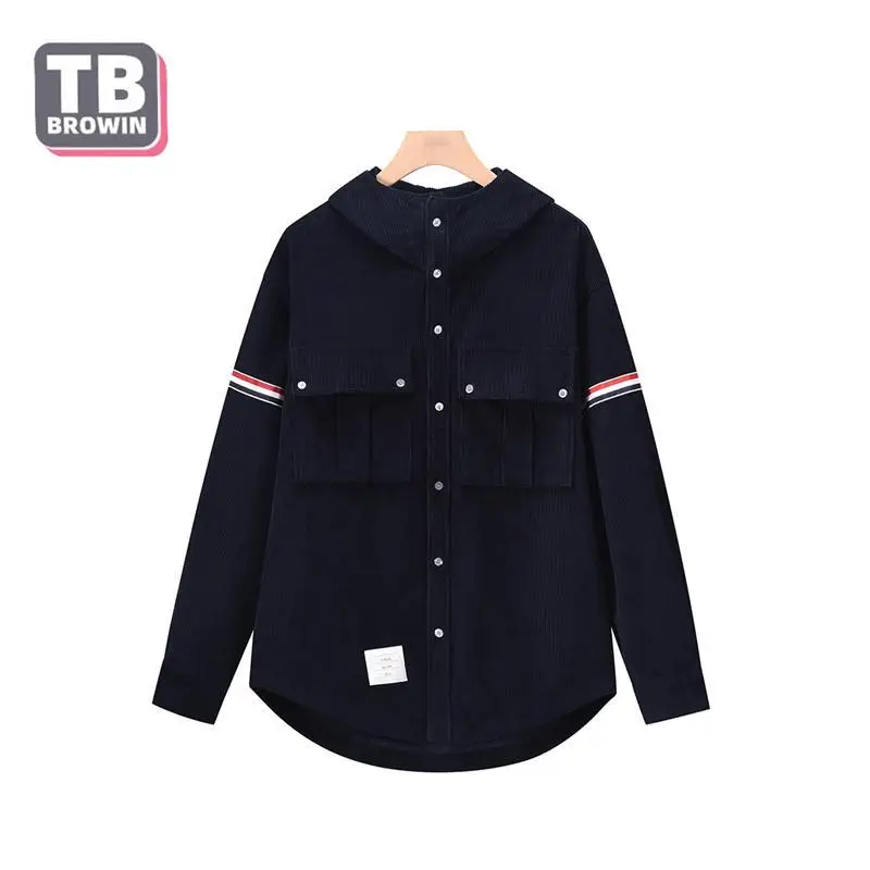 

Tb Browin Brand Men's Corduroy Shirt Thom Fall Winter Luxury Striped Four Bars Leisure Hooded Jacket Pocket Design