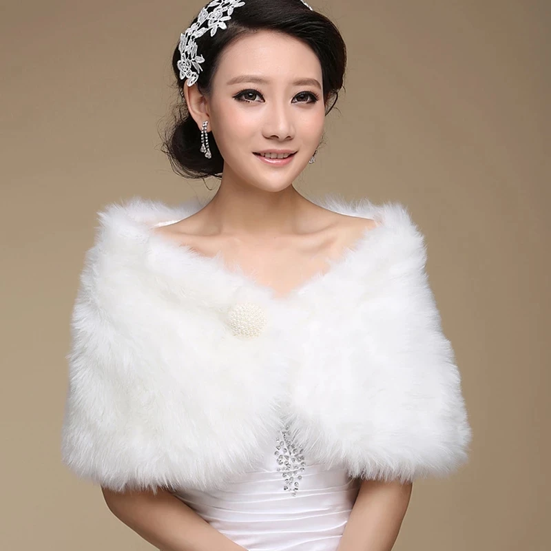 2021 Hot Sale Fashion Elegant Accessories Warm Faux Fur Ivory Bolero Wedding Wrap Shawl Bridal Jacket Coat Accessories Pearl