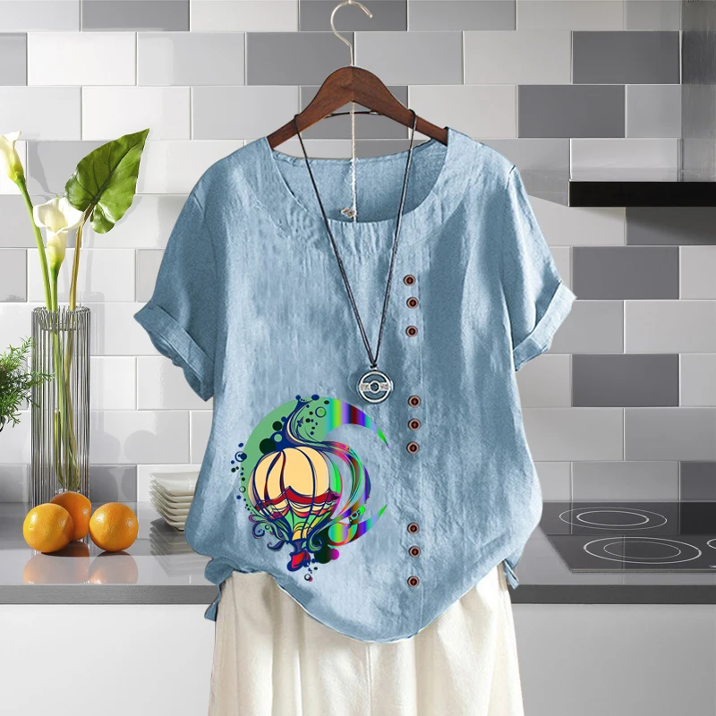 

2022 Summer Ladies Linen Round Neck Blouse Cartoon Hot Air Balloon Printed Loose T-Shirt Vintage Solid Short Sleeve Top XS-5XL