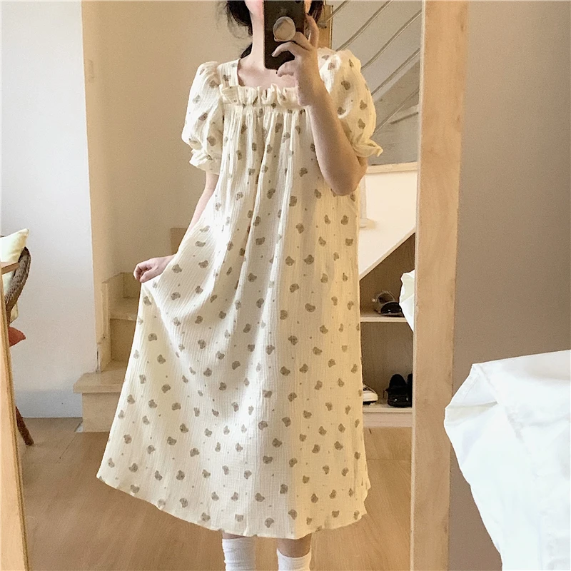 

Kawaii Bear Print Summer Night Dress Women Cartoon Heart Square Collar Long Sleepwear Cotton Casual Nightgown Korean Ins
