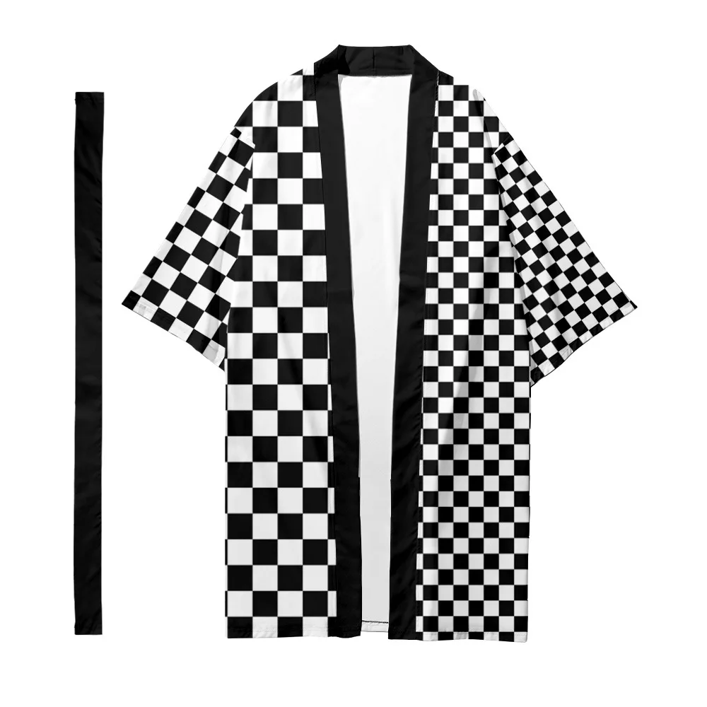 

Men's Japanese Long Kimono Cardigan Men's Samurai Clothing Kimono Checkerboard Checker Pattern Kimono Shirt Yukata Jacket