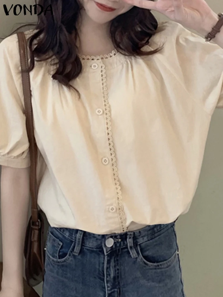 

Women Blouse 2022 VONDA Sexy Lace Party Tops Vintage Puff Sleeve Shirts Casual Solid Color Blouse Lady Office Blusas Femininas
