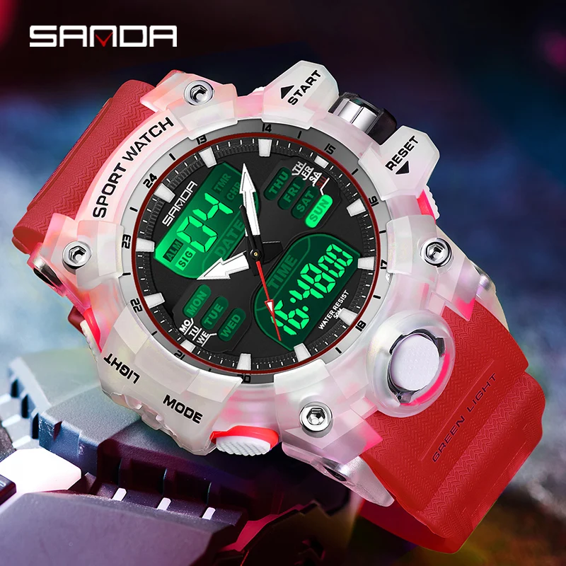 Часы наручные SANDA мужские с двойным дисплеем водостойкие до 50 м