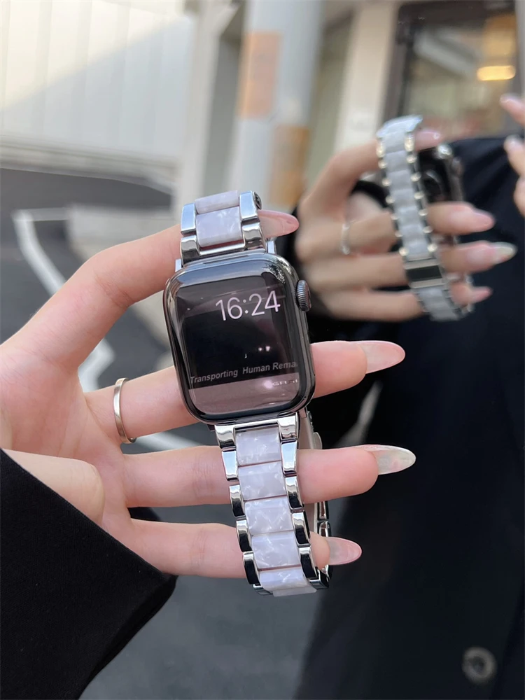 Korea Cool Resin + Metal Strap For Apple Watch Band 41mm 45 44 40 42 38 mm Woman Girl Band For Iwatch Series 7 6 Se 5 4 3 2 Gift