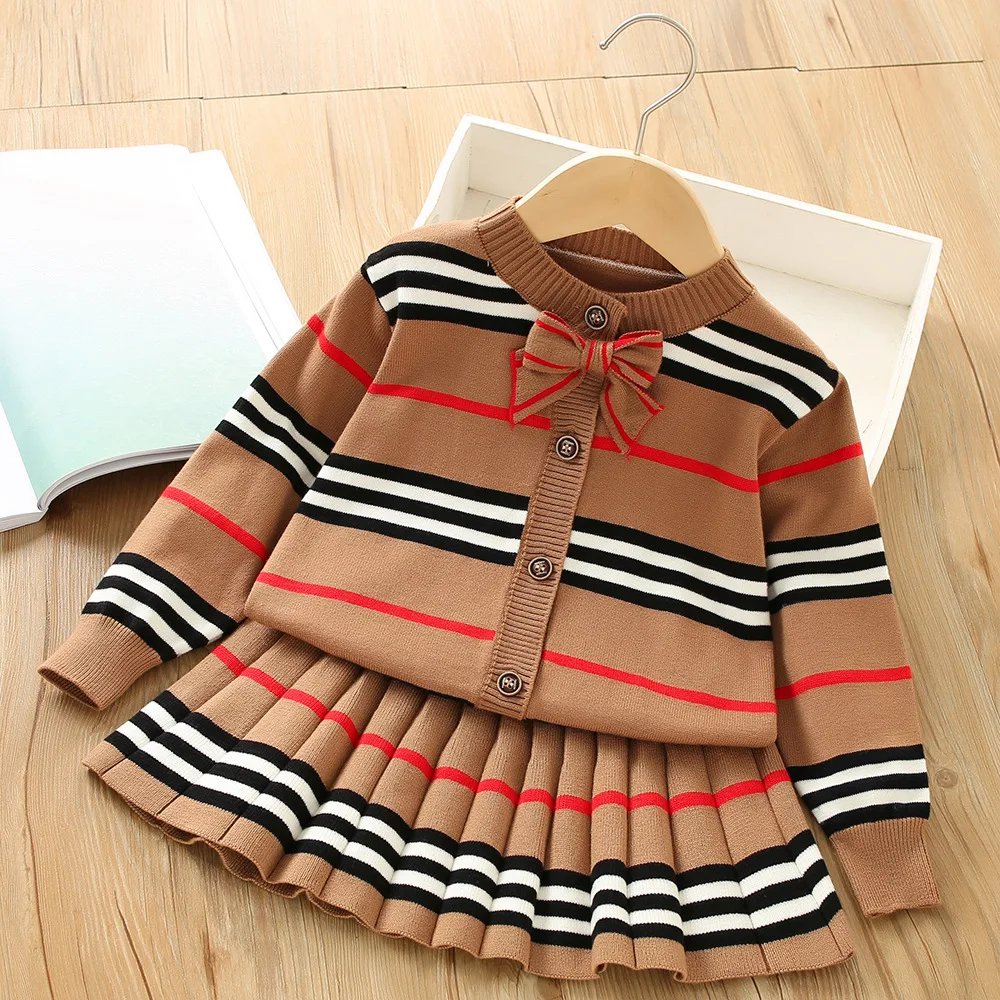 Winter Baby Girl Striped Sweater Set 2023 Girls Toddler Fashion Bow Knitwear Sets Kids Long Sleeve Extra Thick Sweater Clothes
