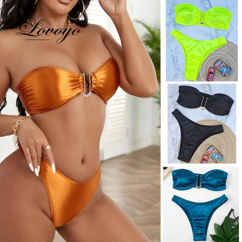 

Бикини 2023, женский купальник-бандо, однотонный сексуальный купальник, Женская пляжная одежда, купальники, купальный костюм для плавания, комплект бикини