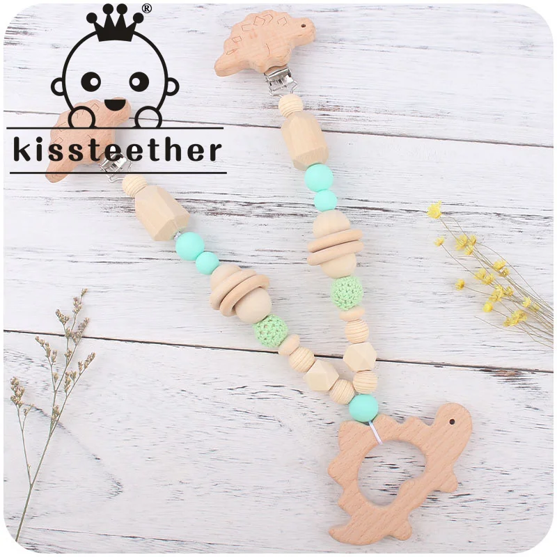 

Kissteether New Baby Product Dinosaur Beech Teether Children's Bracelet Soothing Toy Pacifier Chain Stroller Accessories Pendant