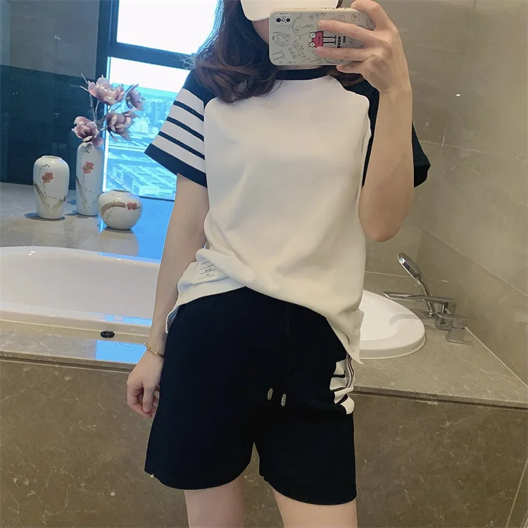 

Summer TB college style four-bar knitted ice linen striped short-sleeved T-shirt + casual sports shorts suit