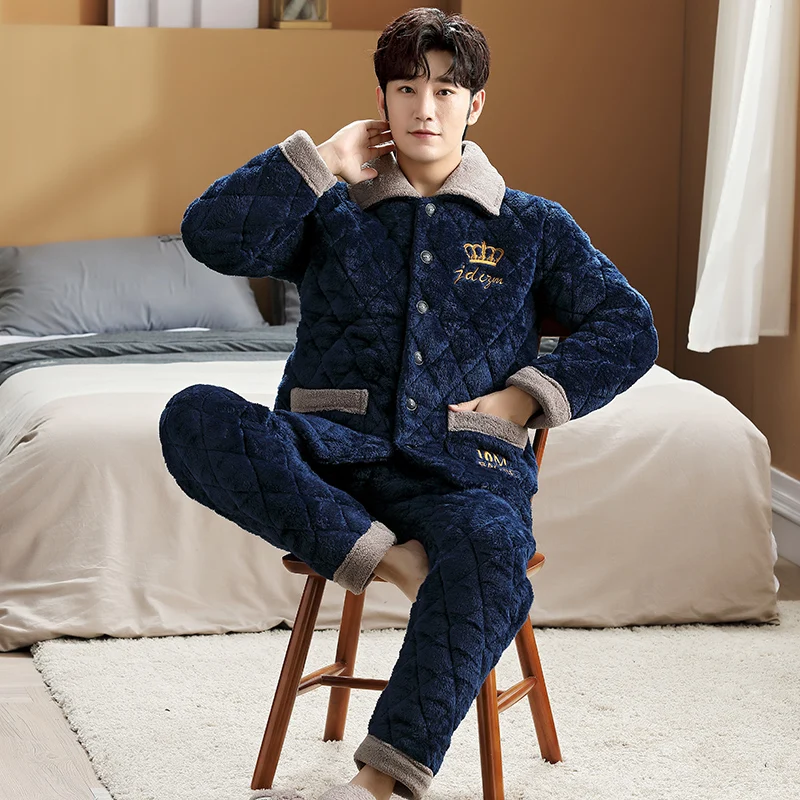 QUHENG Male Warm Fleece Fluffy Sleep Lounge Adult Teen Autumn Thicken Sleepwear Men Pyjamas  Men Sleepwear Suit Home Clothing