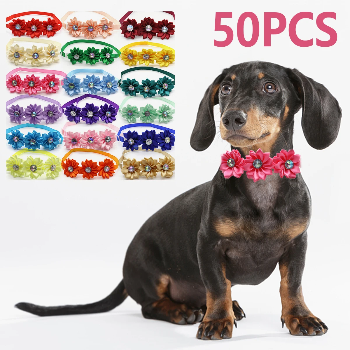 

50 Pcs Dog Flower Bowtie Dog Cat Flower Collar Diamond Dog Collar Adjustable Collar Pet Flower Bow Tie Fancy Christmas Dog