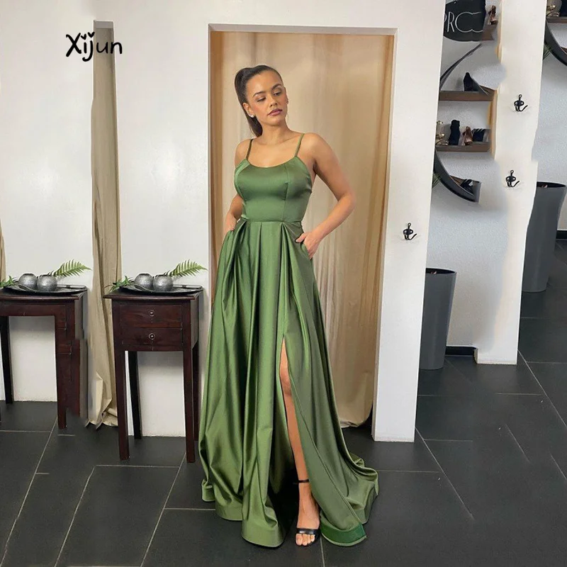

Xijun Elegant Mermaid Prom Dresses Spaghetti Strap Scoop Collar Women Evening Dress Side Split Backless Vestidos De Gala Pocket