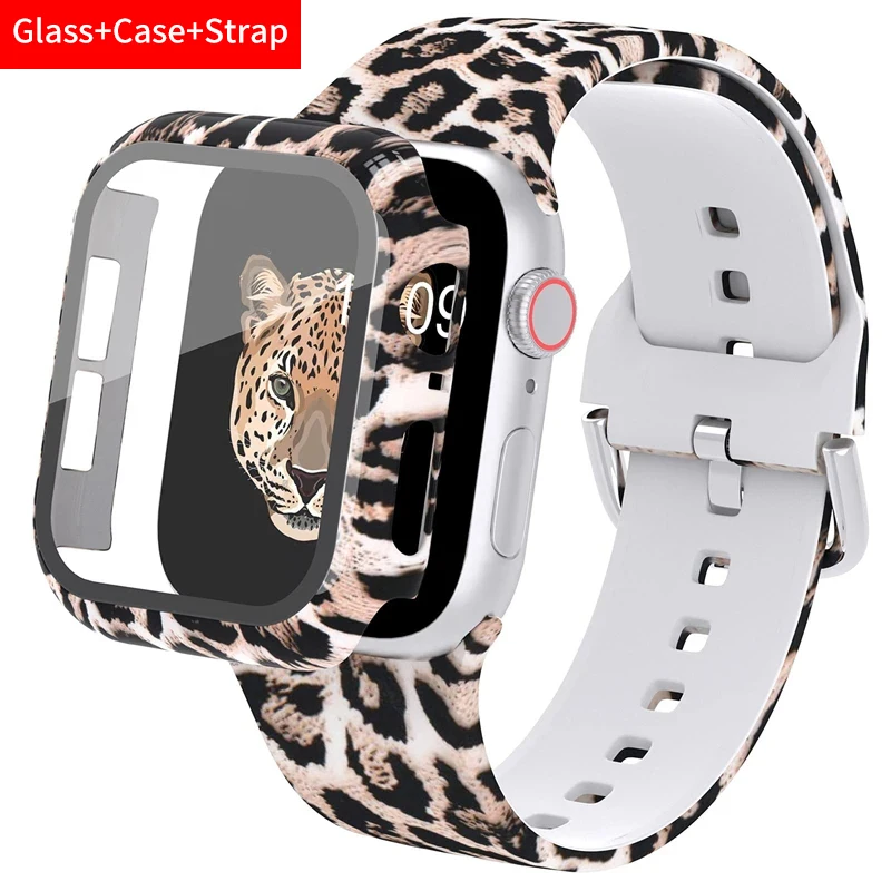 

45mm Glass+Case+Strap For Apple Watch band 44mm 41mm 45mm 40mmm 38mm 42mm Sport Silicone bracelet iWatch series 4 5 6 se 7 band