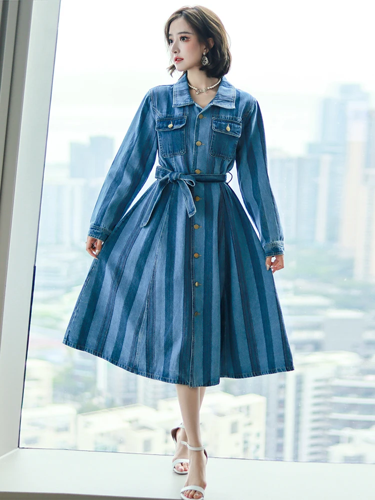 Miuco женское облегающее платье из джинсовой ткани в полоску с поясом [в наличии]