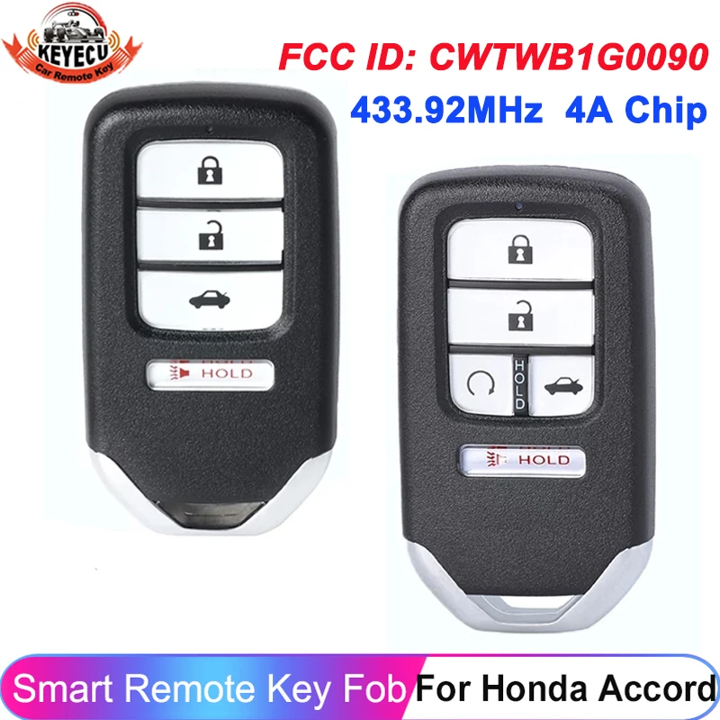 KEYECU FCC ID CWTWB1G0090 для Honda Accord 2018 2019 2020 2021 433 92 МГц 4A Chip 4 / 5 кнопочная безключевая