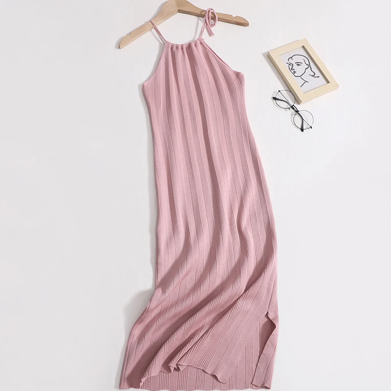 

Летнее однотонное трикотажное платье-миди с лямкой на шее, элегантное облегающее длинное платье с разрезом для девушек