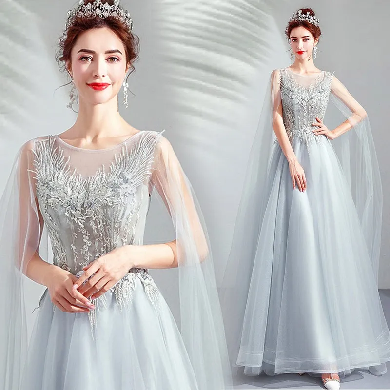 

Ronnxeiey Elegant Sheer Neck A-Line Prom Dresses 2022 Long Luxury Appliques Beaded Flowing Tulle Evening Gowns Party Dresses