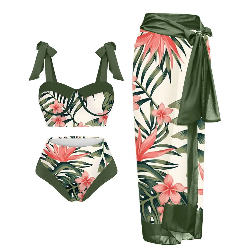 

2023 Fashion Flower Print Bikini Women's High Waist Suspender Split Halter Swimsuit Strap One Piece Cover Up Beachwear Push-ups