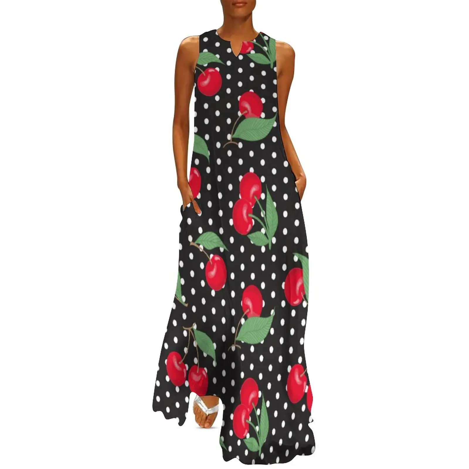 

Red Cherry Fruit Dress Summer Polka Dots Print Aesthetic Boho Beach Long Dresses Female Trendy Maxi Dress Big Size 4XL 5XL
