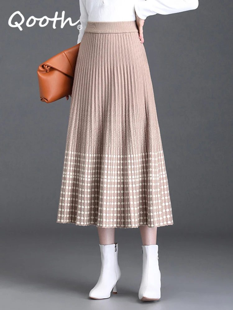 

Qooth Autumn Elastic Waist Midi Plaid Knitted Pleated Skirt Women Elegant Vintage High Waist Long A-line Skirt QT1996