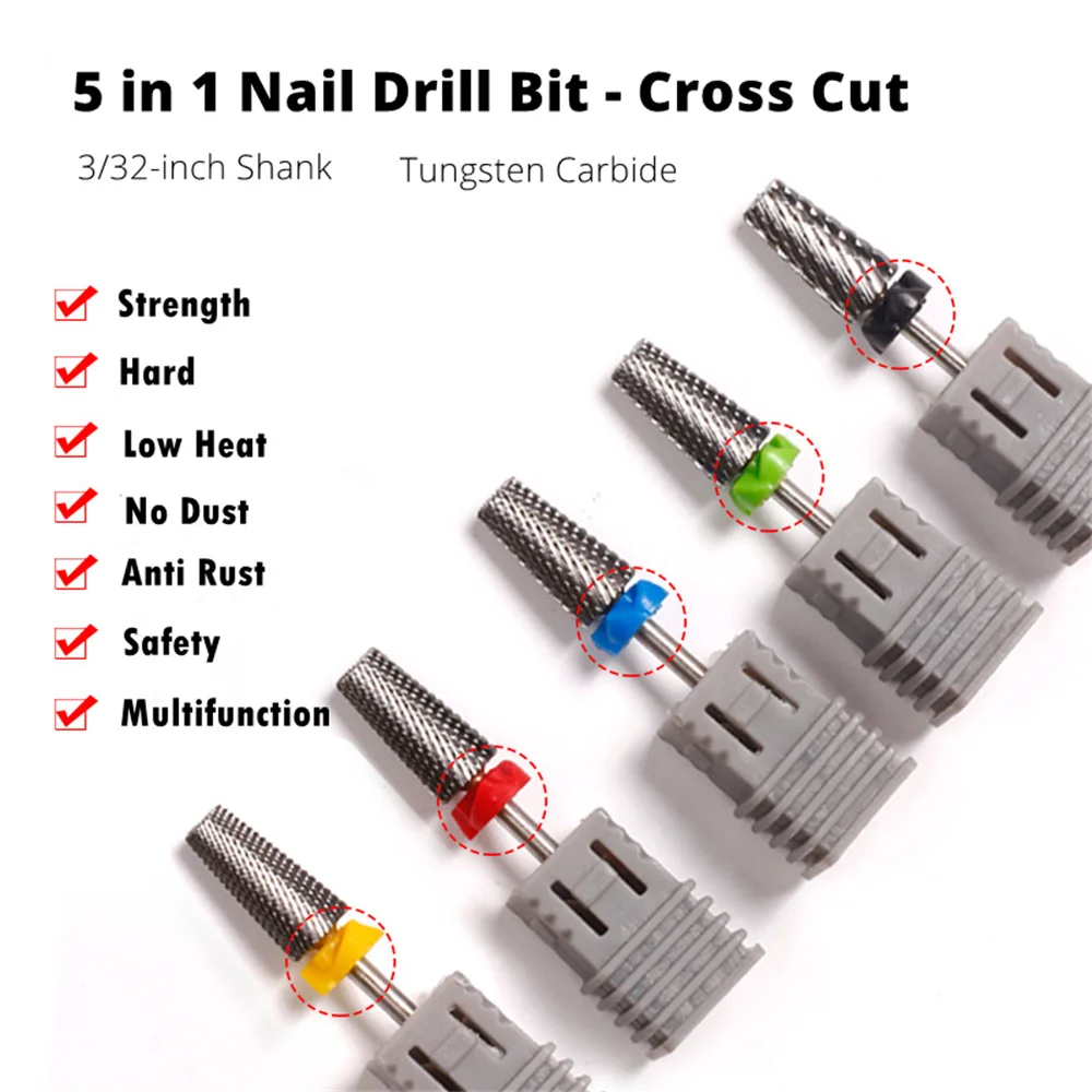 

5 In 1 Nail Drill Bit Tungsten Cabide Cross Cut Milling Cutter Electric Nail File Accessories 3/32"Shank for Cuticle Removing