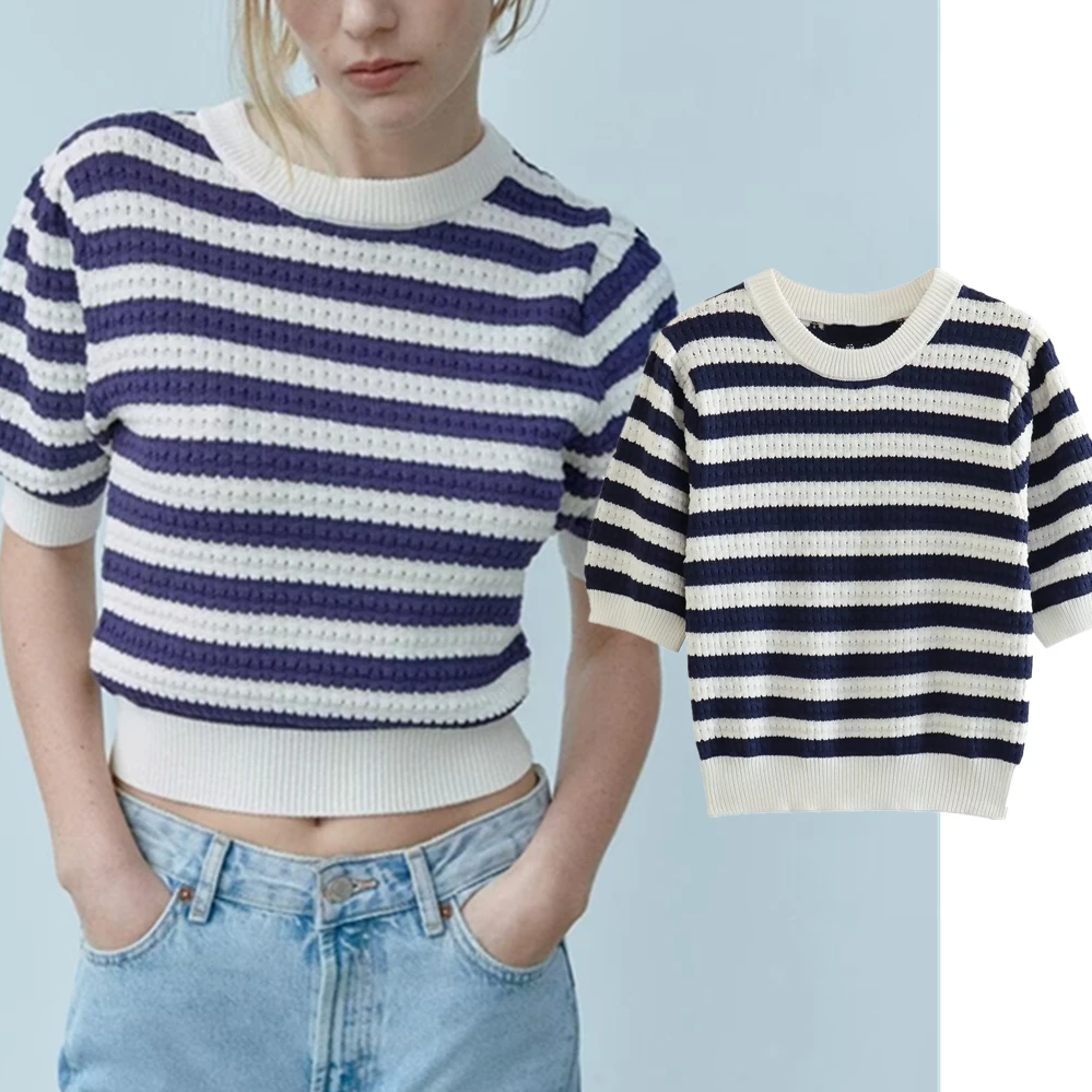 

Maxdutti Summer Knitwear Casual Fashion Ladies Blogger Retro Sweaters Women Blue Striped Short Tops