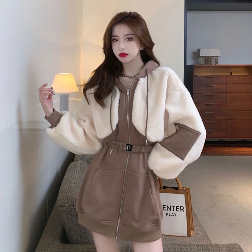 

Fake Two Pieces Women Spring Autumn Hotsweet Zipper Hooded Patchwork Spliced Belt New Korean Plus Velvet Thicken Warm Mini Dress