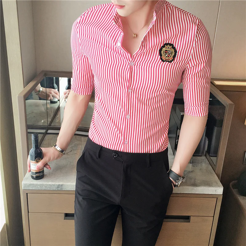 

Stripe Shirt Men 2018 Half Sleeve Slim Fit Summer Shirts Chemise Homme Manche Court Camisetas Masculina Camicia Uomo