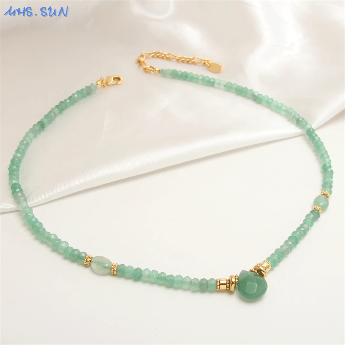 

MHS.SUN Newest Gold Plated Faceted Green Aventurines Natural Stone Necklaces Fashion Women Charms Boho Handmade Beaded Jewelry