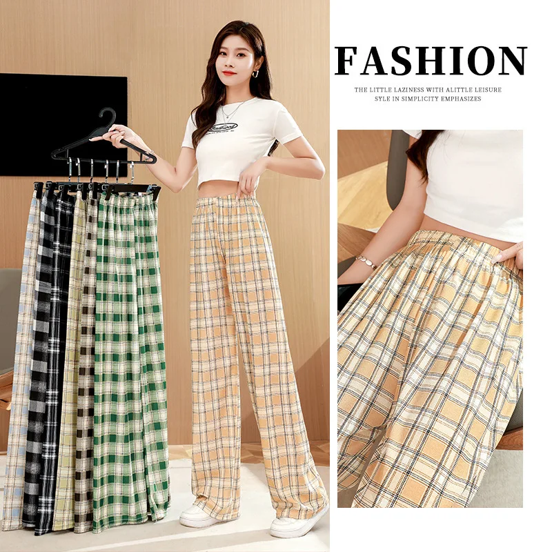 Women Pants High Waist Wide Leg Straight Pants Vintage Plaid Loose Casual Female Trousers Wide Leg Pant Fashion Streetwear