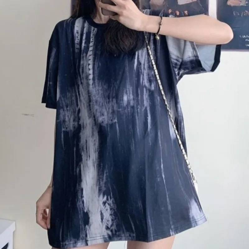 Фото Футболка Y2k Tie Dye для женщин, весенне-летняя, винтажная, свободного кроя, универсальная, в японском стиле, повседневная, с круглым вырезом №3