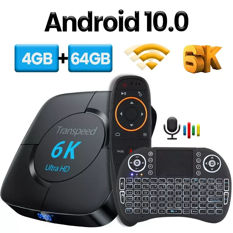 

Transpeed Android 10.0 TV Box Voice Assistant 6K 3D Wifi 2.4G&5.8G 4GB RAM 32G 64G Media player Very Fast Box Top Box