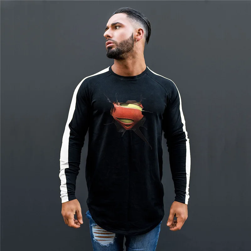 

Autumn Running Bodybuilding Fitness Rashgard Gym Training Printed O-neck Cotton Patchwork Breathable Sports Long Sleeve Shirt