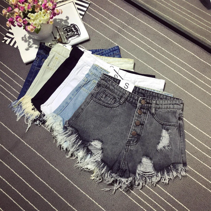 

Пикантные рваные джинсовые шорты с высокой талией для девушек студенток с необработанным подолом новые корейские широкие брюки