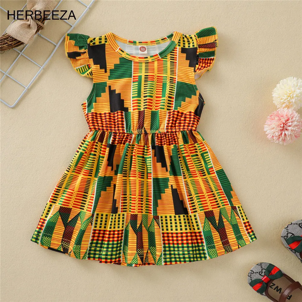 

2022 Summer Baby Toddler Kids Clothes African Bohemian Style Baby Dresses Geometry Printed Ruffle Sleeve Girls Princess Dress