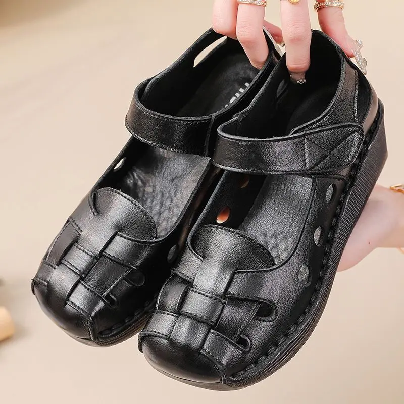 High Quality Roman Sandals Women’s Summer Genuine Leather Weave Shoes Mom Gladiator Lady Closed Toe Elderly Flat Wedged Sandals