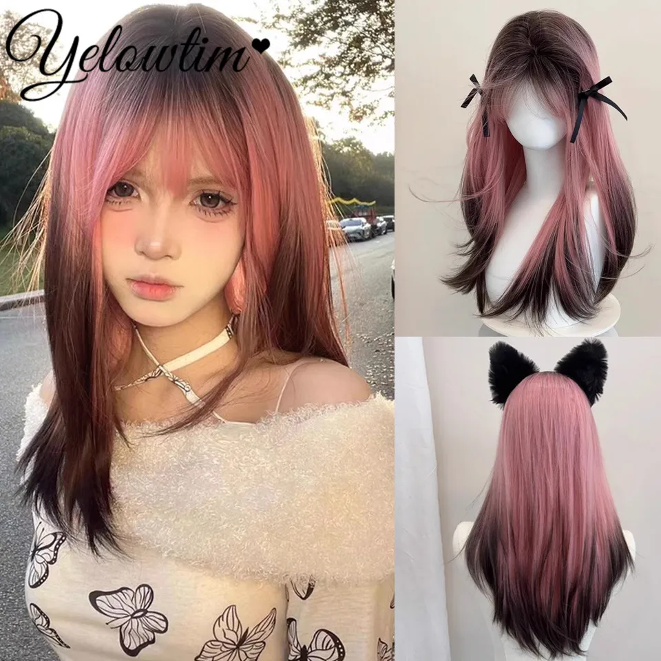 Синтетический парик женские длинные волосы розовый градиент черный высокий