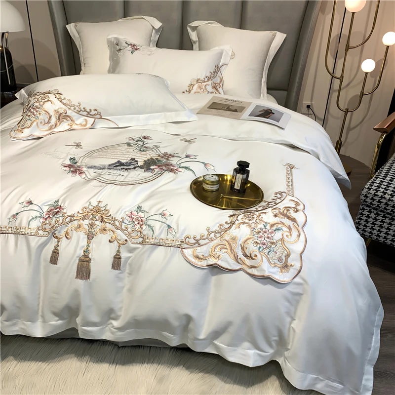 

New Luxury White Soft Cozy Egyptian Cotton Retro Chinese Style Embroidery Bedding Set Duvet Cover Flat/Fitted Sheet Pillowcases