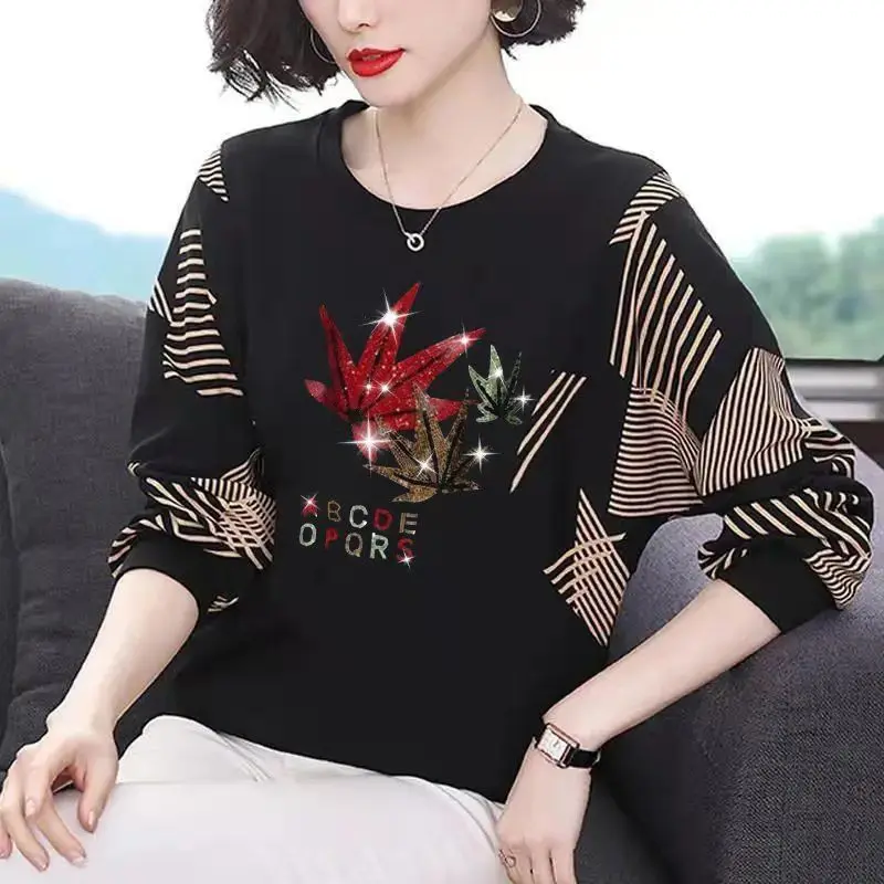 

Mom Long Sleeved T-shirt Women's New Spring Autumn Loose Batshirt Round Collar Batwing Sleeve Bottoming Top M-5XL