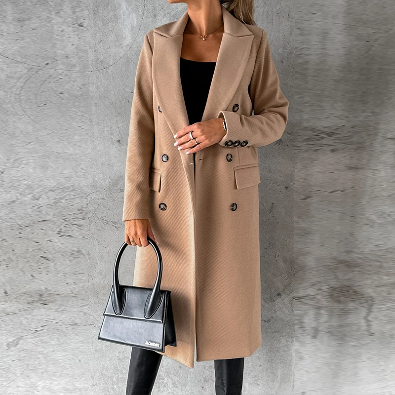 

Dignified Lady Fall Long Sleeved Double Breasted Woolen Coat Casual Loose Straight Office Commuter Jacket Winter Comfort Outwear