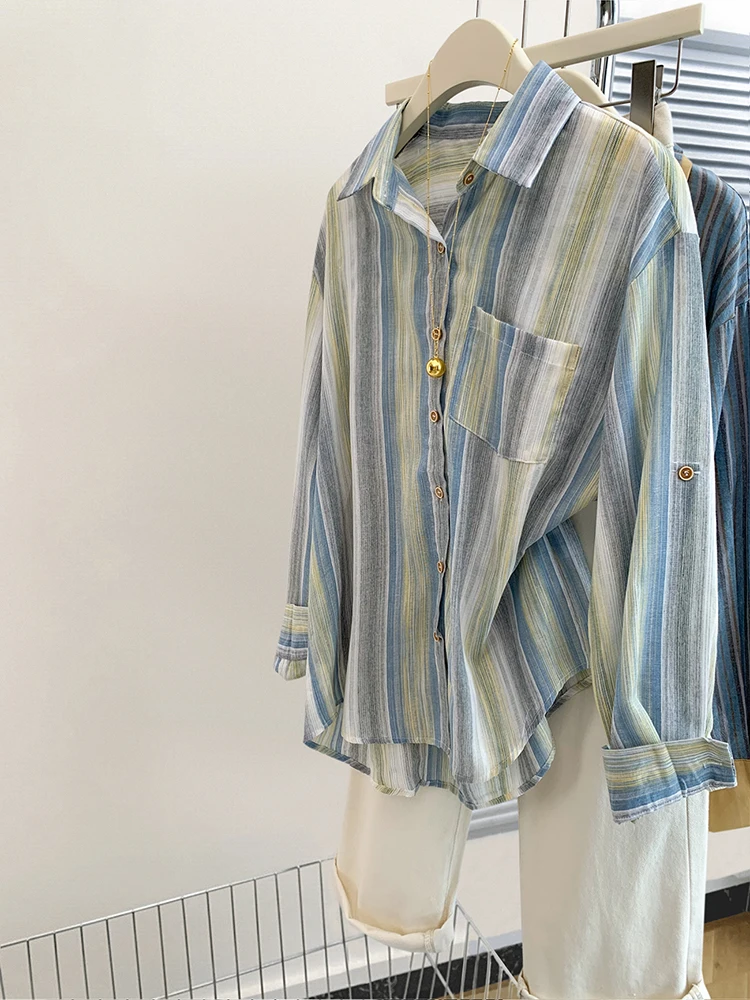 Женская блузка в полоску элегантная рубашка Корейском стиле ретро повседневные