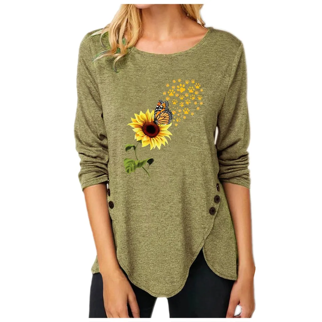 

Blouse Top Irregular Print Shirts Long Button Sleeve Women Women's Blouse