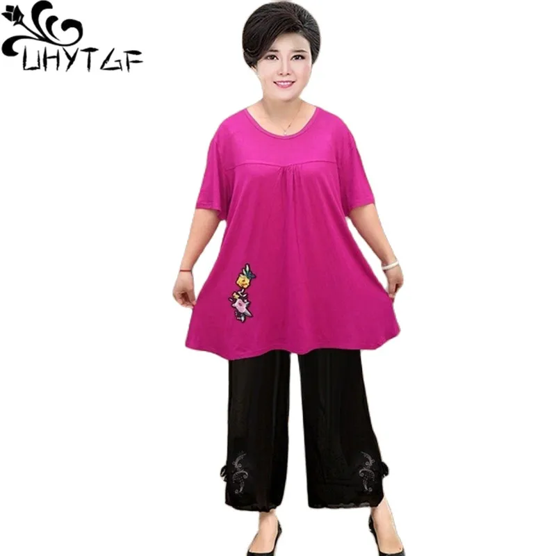 

UHYTGF 16XL Women Summer Suit New Middle-Aged Elderly Mother Casual Loose Big Size Two Piece Set Female Chiffon Thin Clothing 43