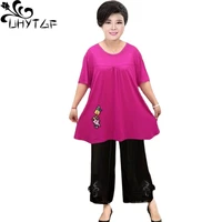 uhytgf 16xl women summer suit new middle aged elderly mother casual loose big size two piece set female chiffon thin clothing 43