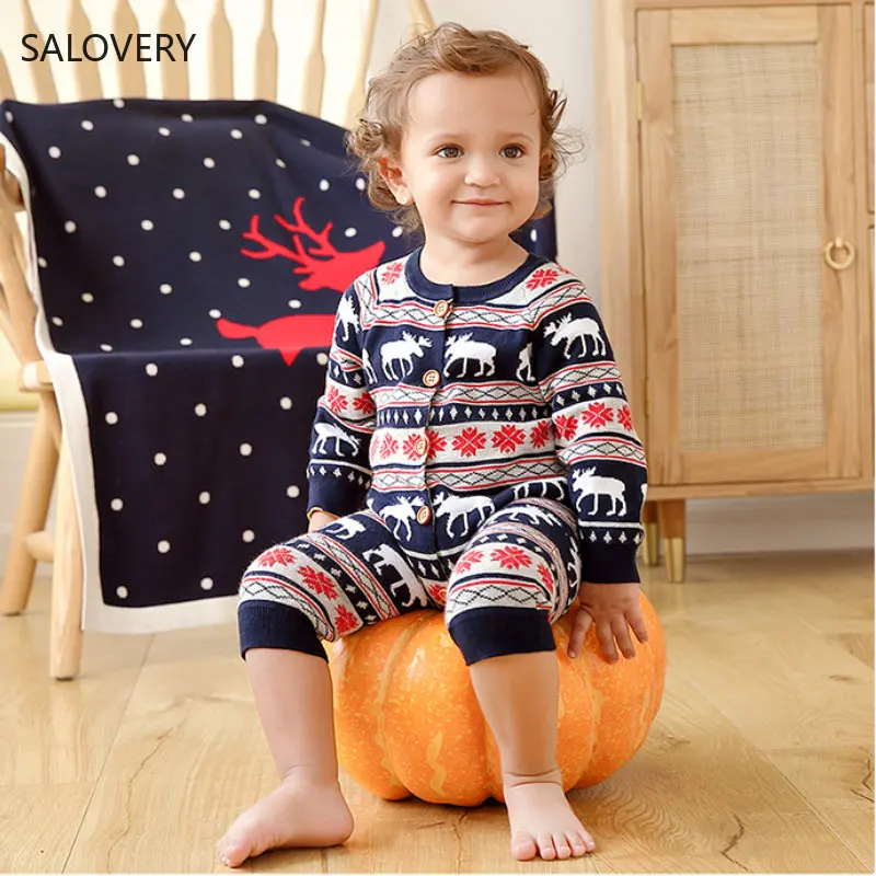 

Рождественская Одежда для новорожденных, Осенние трикотажные комбинезоны с длинным рукавом для маленьких девочек и мальчиков, модное зимн...